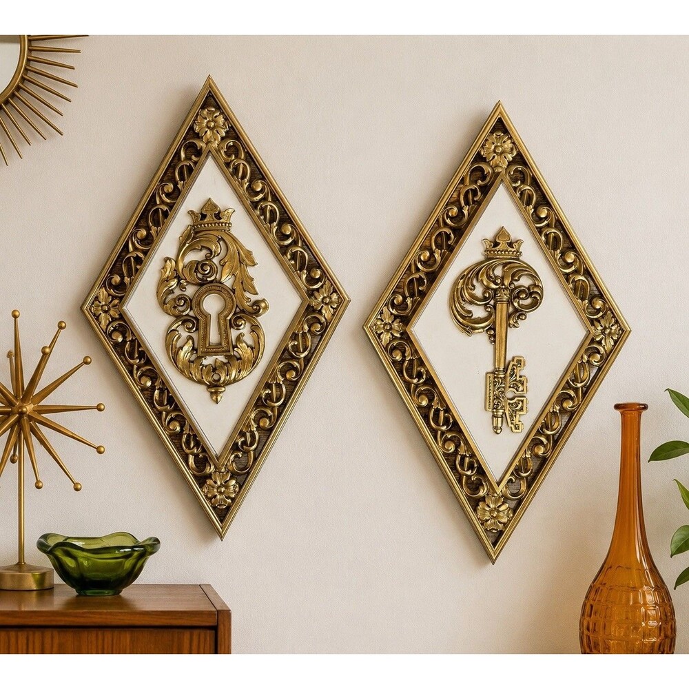 Vintage Syroco Hollywood Regency Key & Keyhole Wall Plaques Set MCM Gold 14”